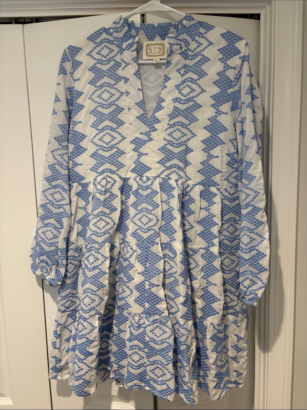 Sail to Sable White and Light Blue Embroidered V-Neck Tiered Dress